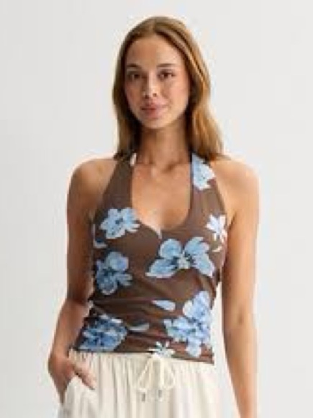 NWT Pink Rose Brown Blue Floral Halter Cowl Neck Top Medium